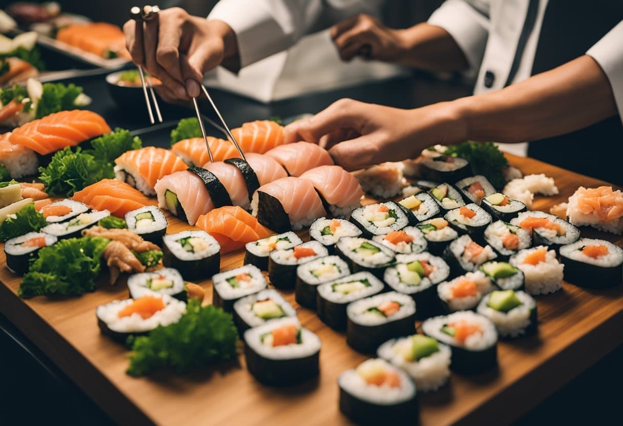 A sushi chef expertly slices fresh fish, while colorful sushi rolls fill the table, representing the global spread of this Japanese delicacy