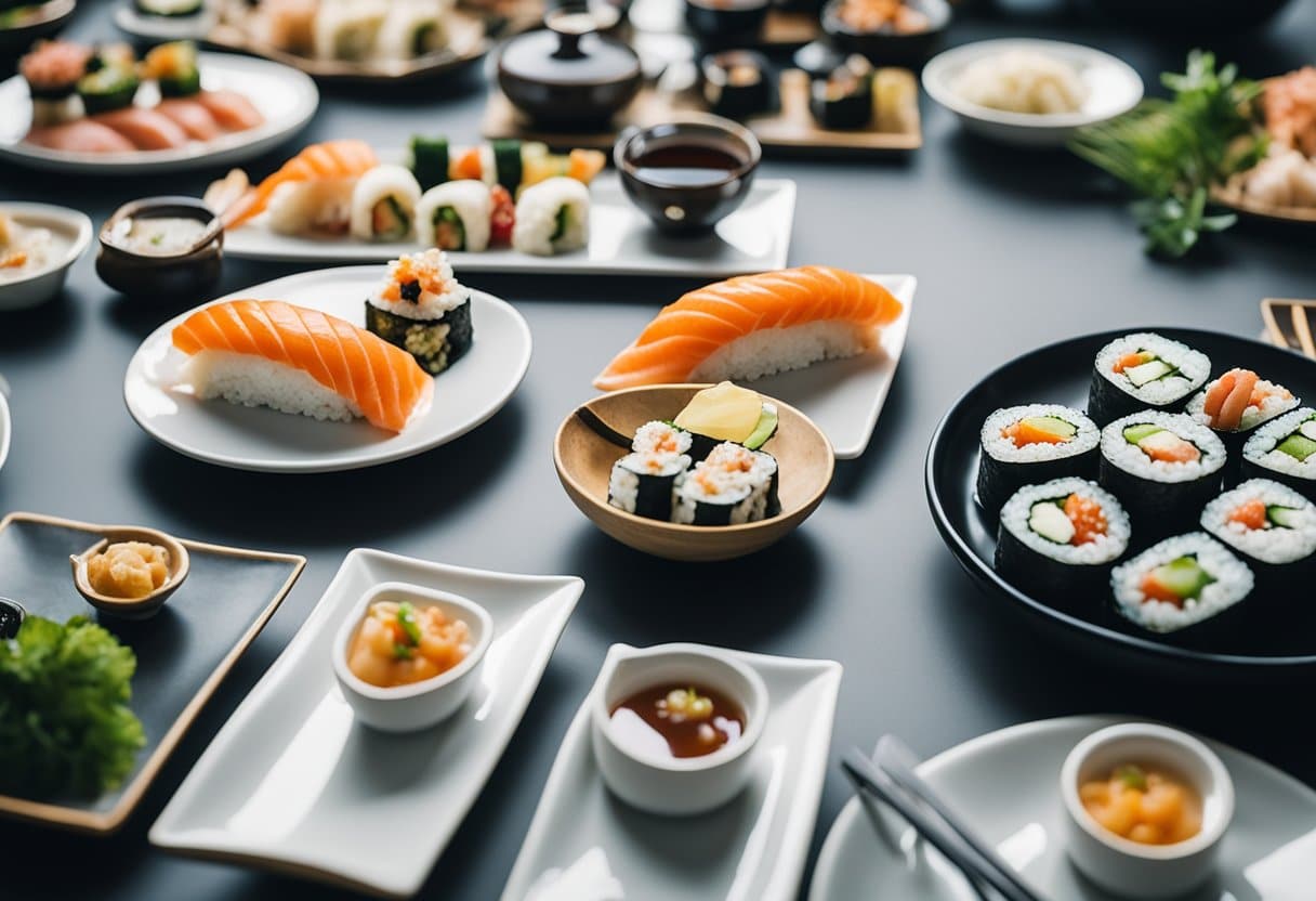 A beautifully set table with an array of sushi dishes from various cultures, surrounded by people of different nationalities enjoying the meal together