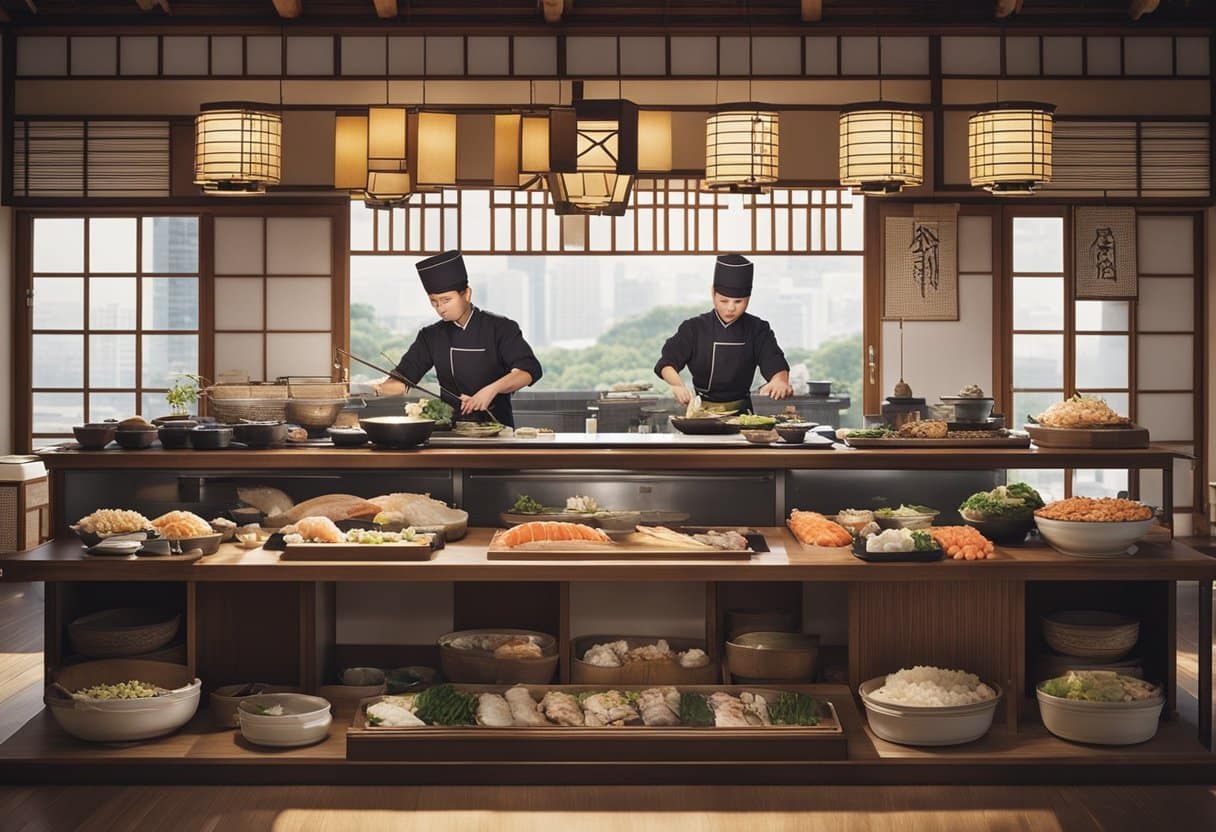 A sushi chef prepares fresh fish and rice, surrounded by traditional Japanese decor. Diners from diverse backgrounds enjoy the delicacy, showcasing its global appeal