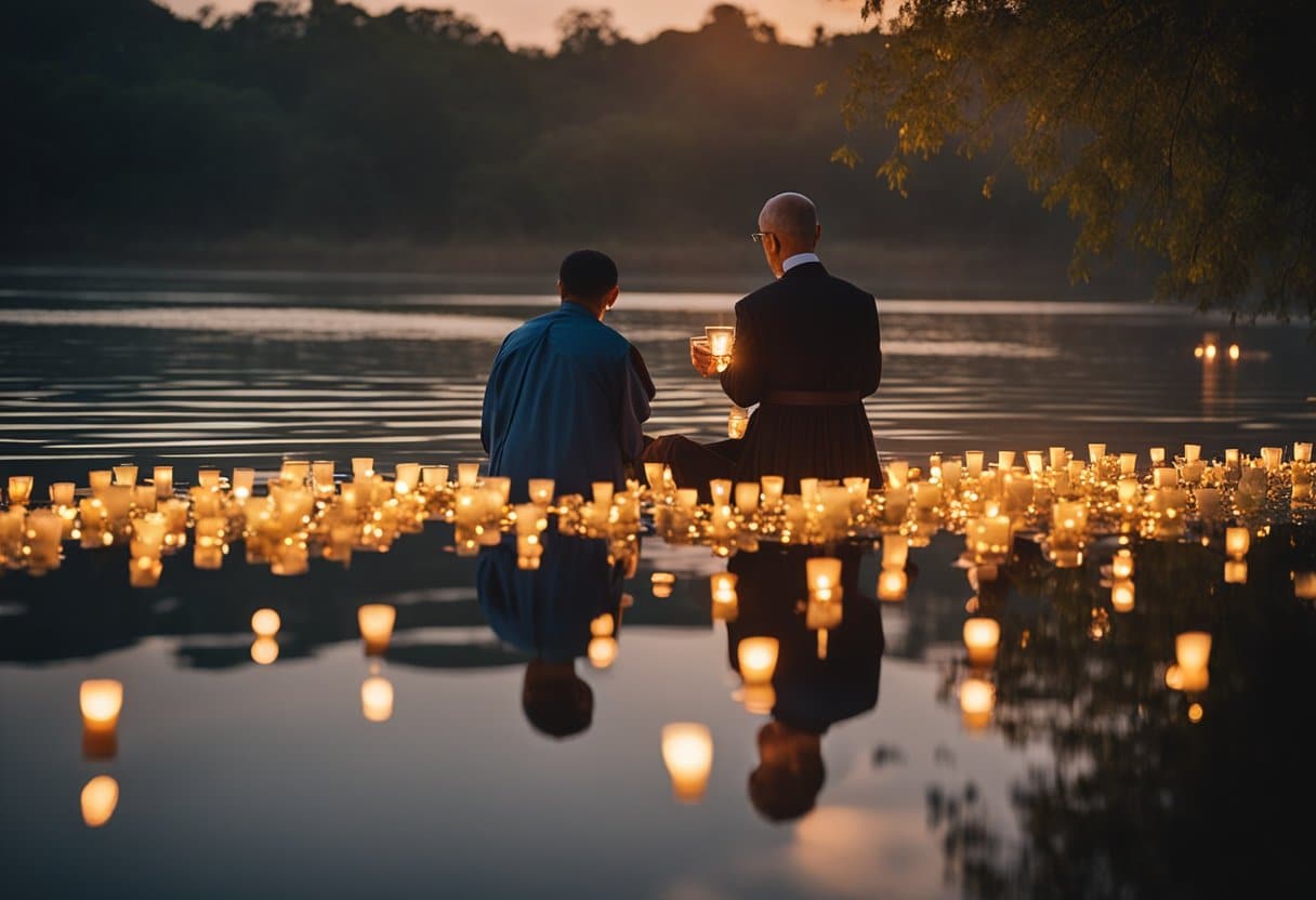 People gather at the riverbank, offering flowers and lighting candles. A priest performs rituals as the sun sets over the sacred water