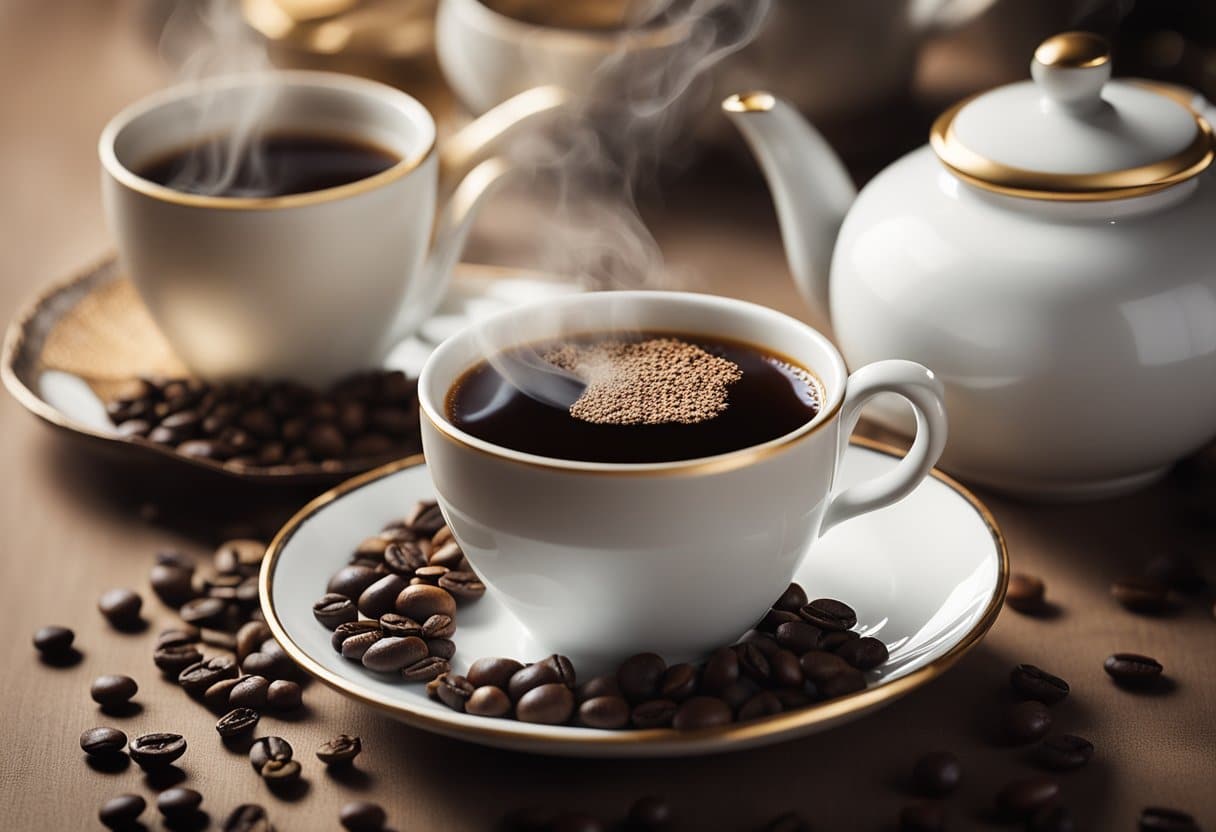 A table set with a steaming cup of coffee and a delicate teapot, surrounded by elegant tea leaves and aromatic coffee beans