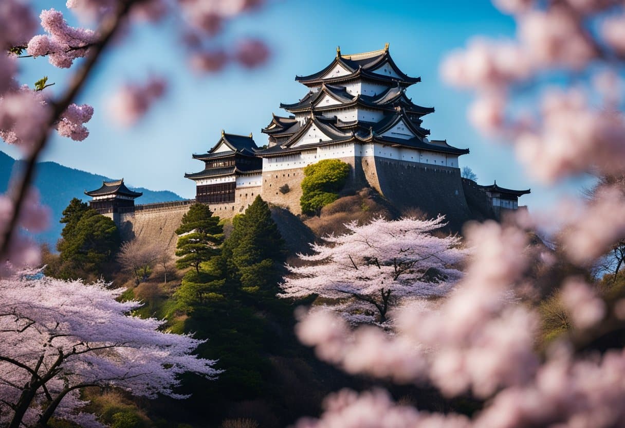 A samurai castle stands proudly on a hill, surrounded by cherry blossom trees. The imposing structure exudes strength and tradition, with its towering walls and intricate architectural details