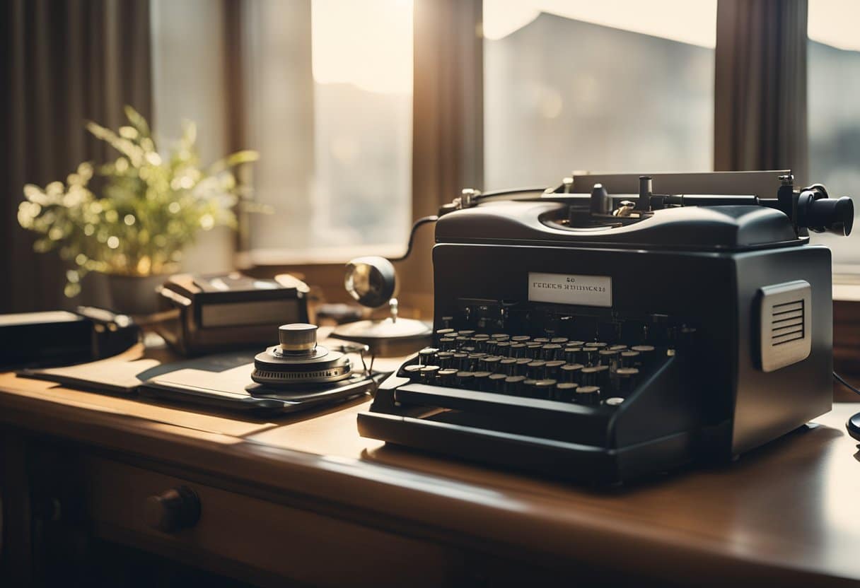 A cluttered desk with vintage tech: typewriter, rotary phone, and record player. Soft light filters through a window, casting a warm glow