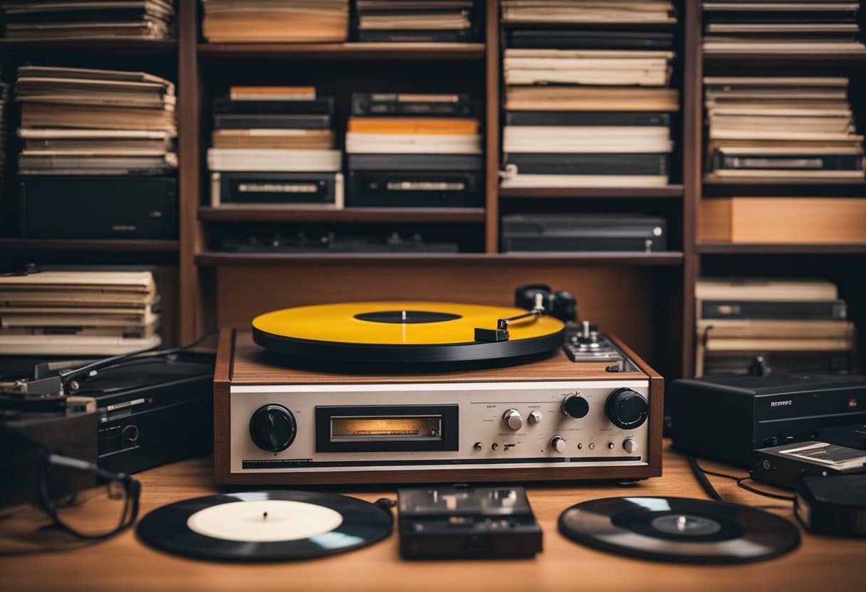 A vintage record player sits on a wooden table, surrounded by old vinyl records and a stack of retro cassette tapes. The warm glow of a tube amplifier adds to the nostalgic atmosphere