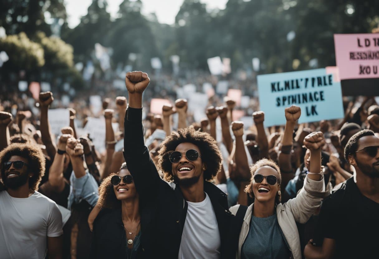 A crowd gathers around a stage, holding signs and raising their fists in the air. Music blares from speakers, uniting the people in a powerful display of resistance and social change