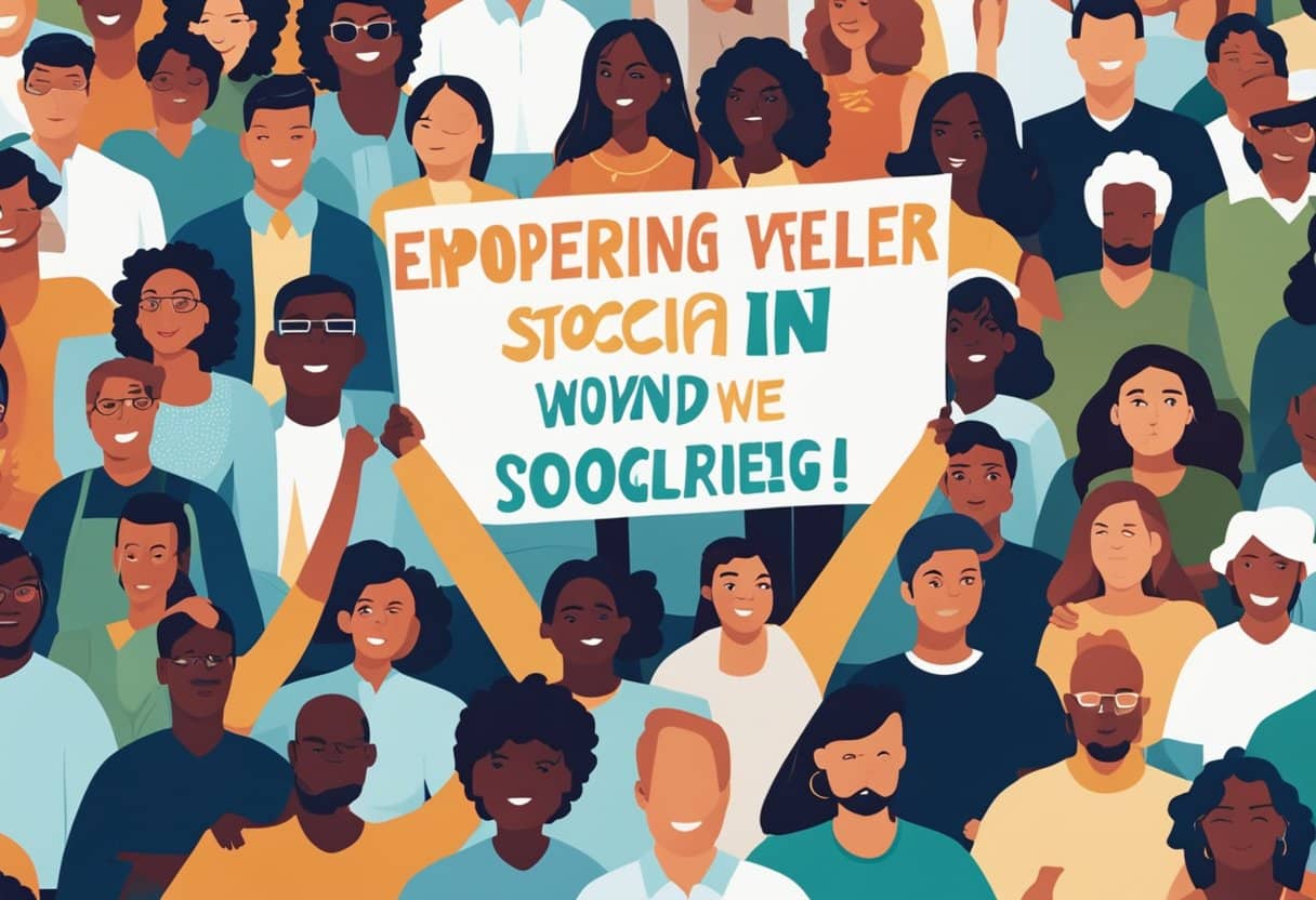 A diverse group of people hold signs and sing together, united in their passion for social change. The music fills the air, empowering and inspiring those around them