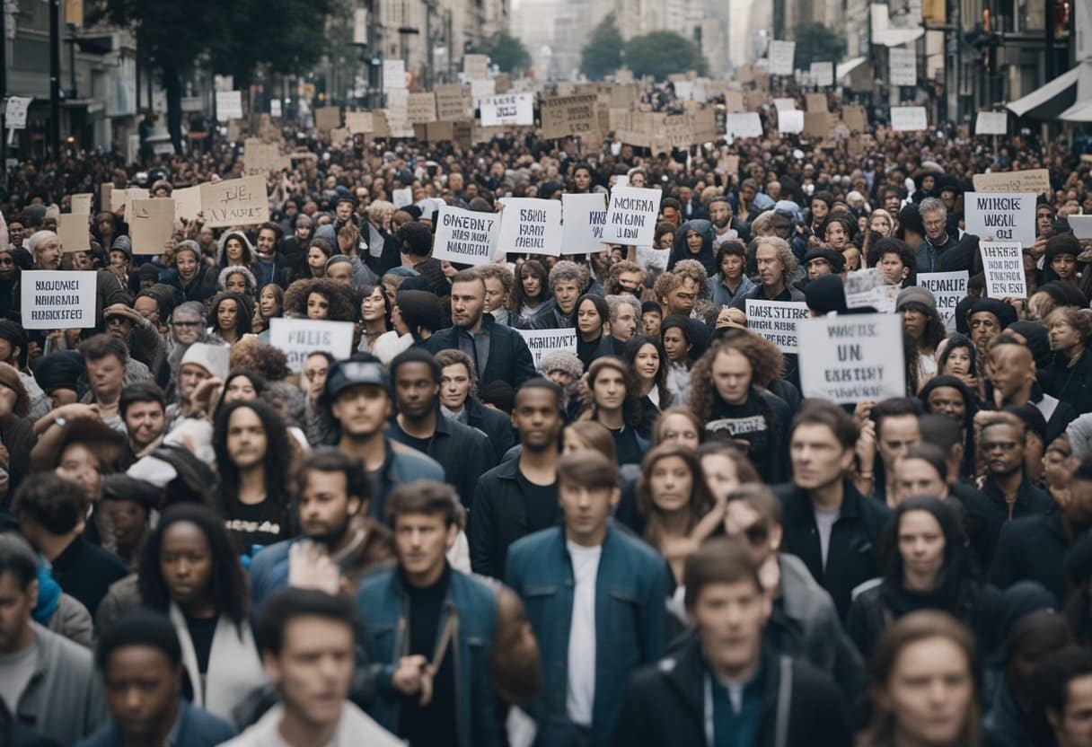 A crowd gathers, holding signs and singing. Music blares from speakers as people march, united in resistance. Symbols of change and unity adorn the scene