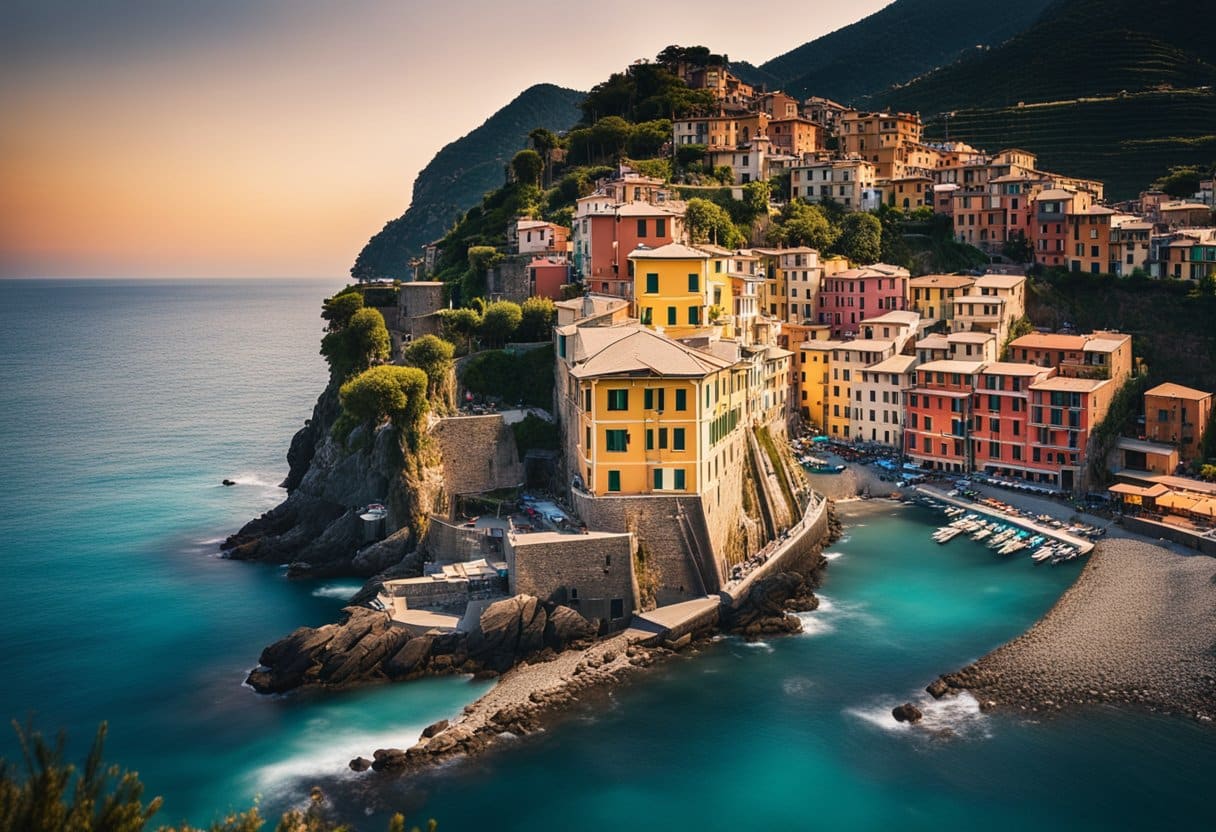 The sun sets over the colorful cliffside villages of Cinque Terre, casting a warm glow on the rugged coastline and turquoise waters below