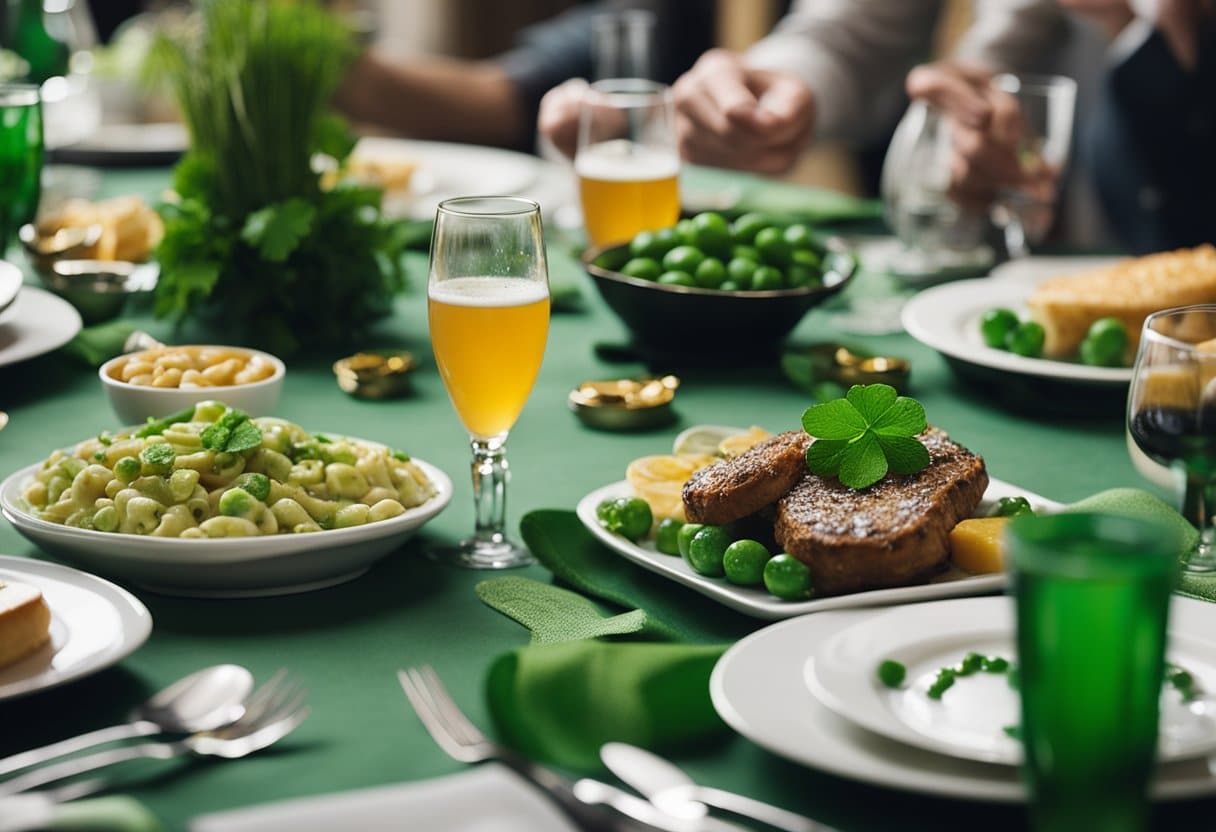 A festive table set with traditional Irish dishes and green decorations, surrounded by people laughing and enjoying the culinary delights of St. Patrick's Day