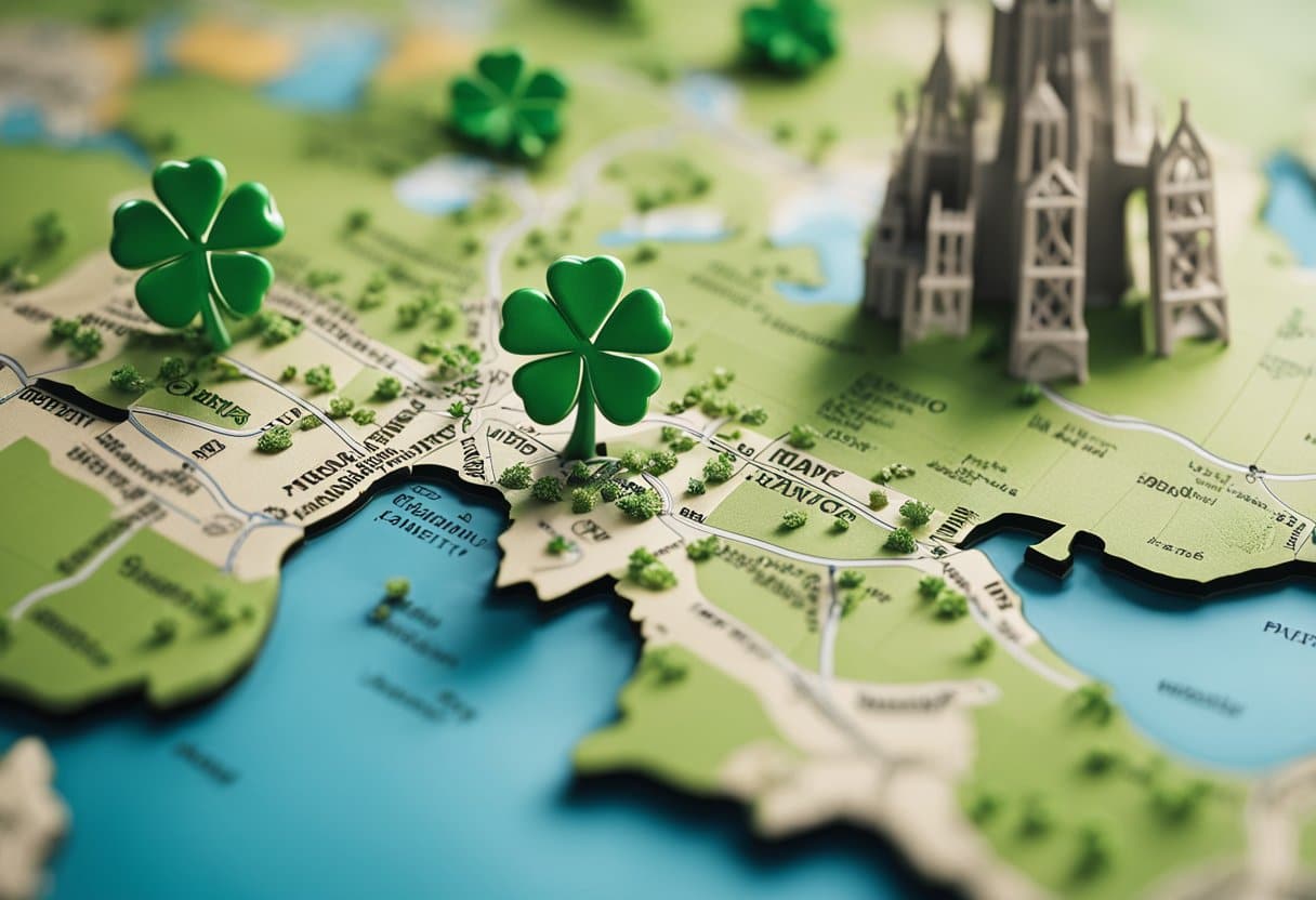 A global map with various landmarks representing Saint Patrick's influence, surrounded by symbols of Ireland such as shamrocks, harps, and Celtic knots