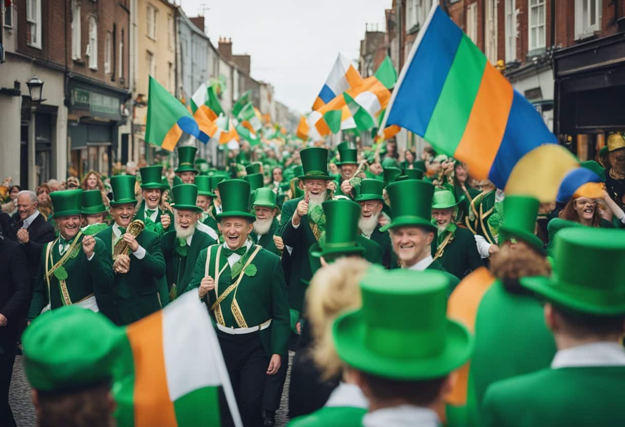 A colorful parade with Irish flags and traditional music, people dancing and wearing green, iconic symbols like shamrocks and leprechauns