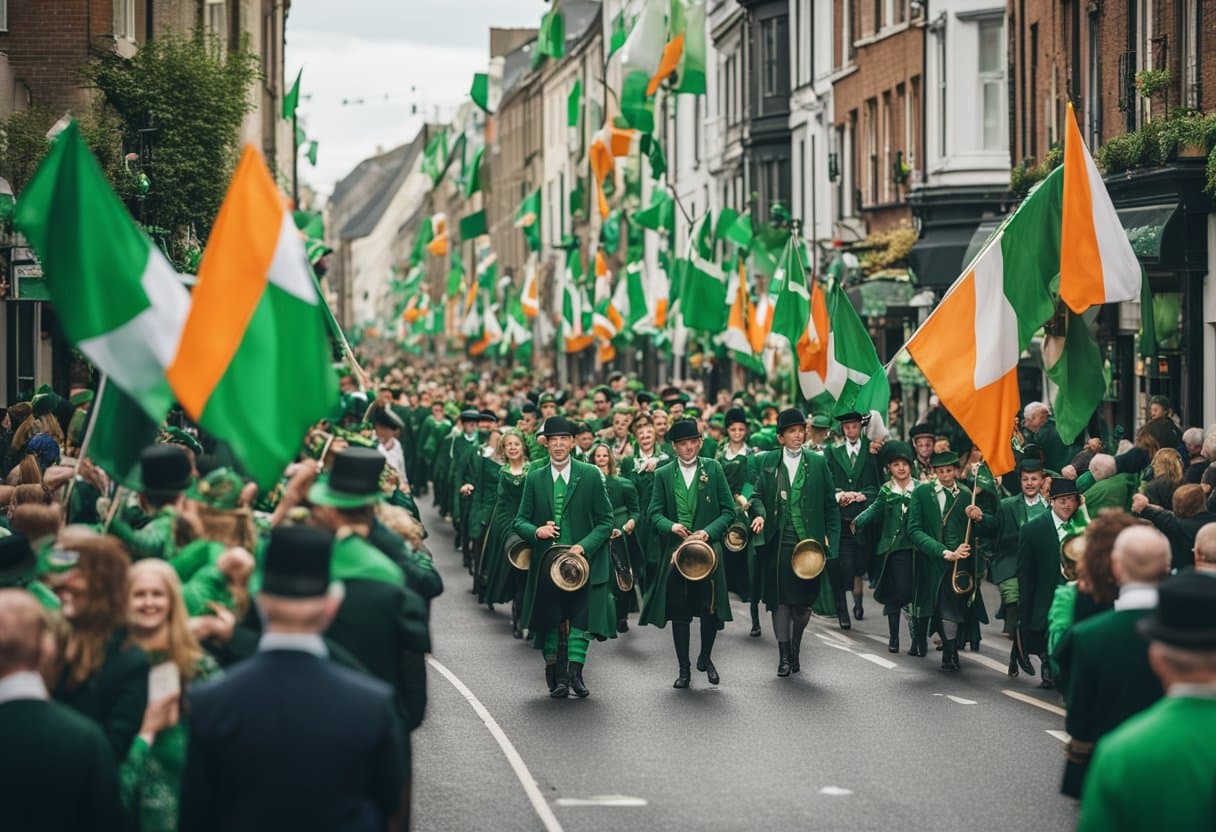A lively parade winds through the streets, filled with people dressed in green and waving Irish flags. Buildings are adorned with shamrocks and banners, and the air is filled with the sounds of traditional Irish music and laughter