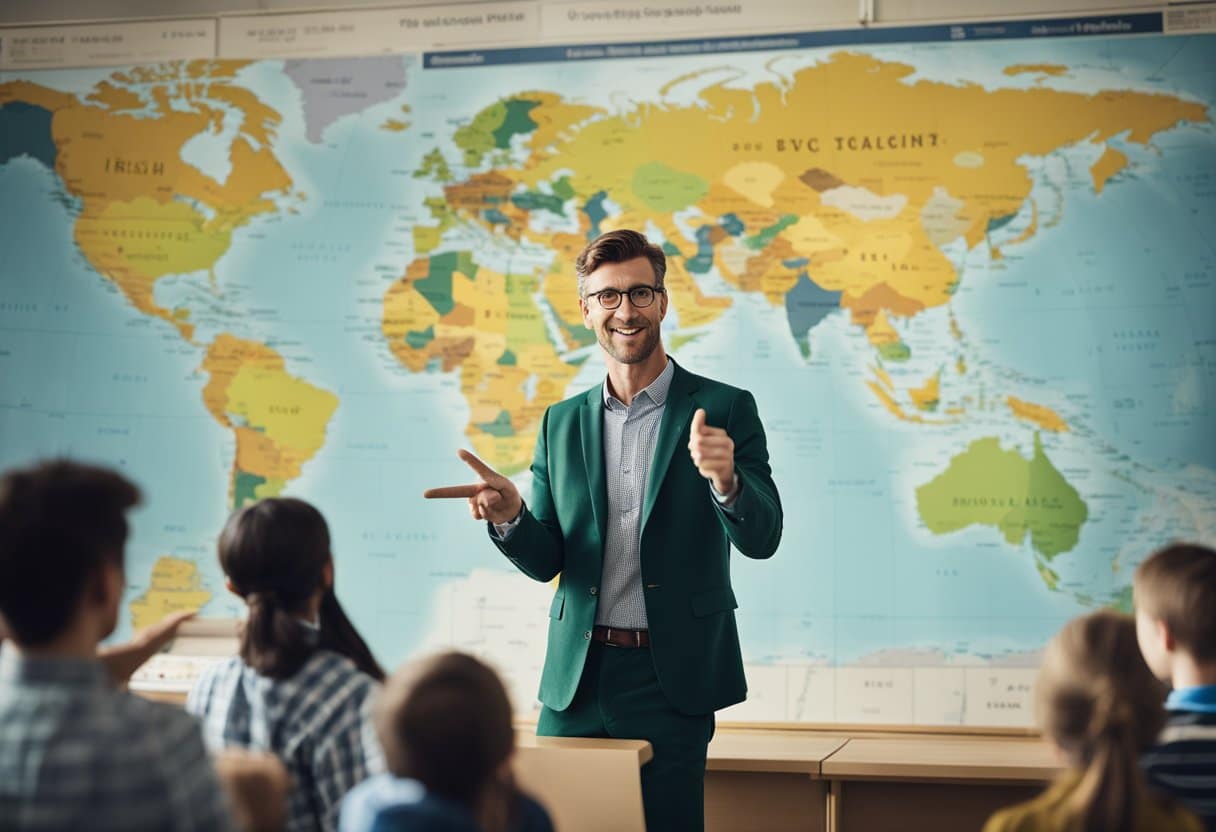 An Irish educator stands in front of a world map, pointing to different countries while teaching a diverse group of students