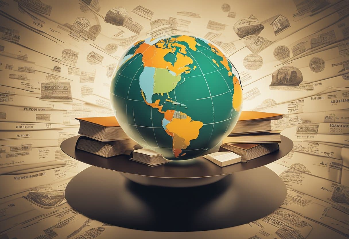 A globe surrounded by books, with lines connecting Ireland to various countries. A teacher's hat sits on top, symbolizing the spread of knowledge abroad