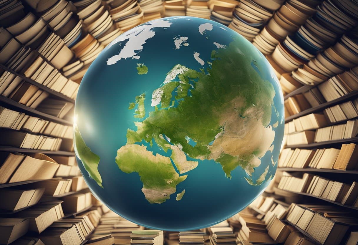 A globe surrounded by books and educational materials, with lines connecting Ireland to various countries, symbolizing the global impact of Irish educators