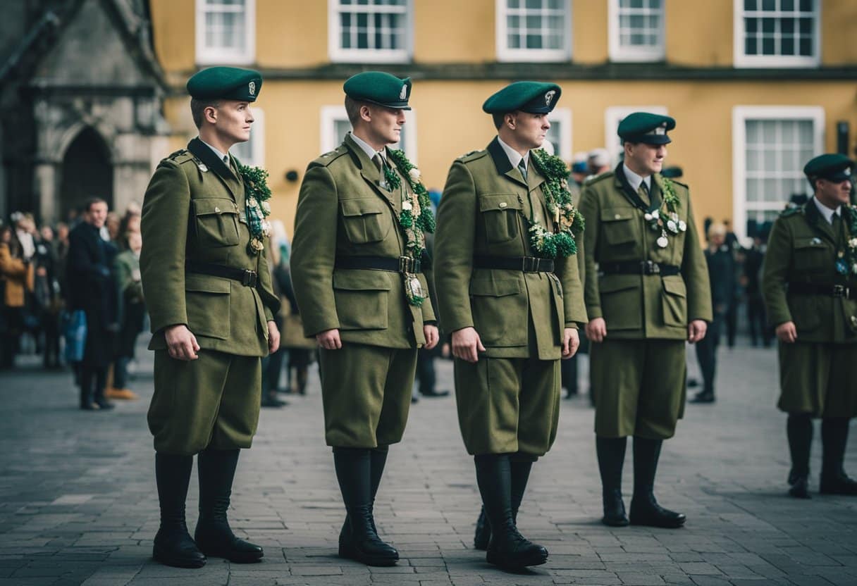 Irish peacekeepers stand amidst diverse cultural symbols, bridging divides, and fostering understanding