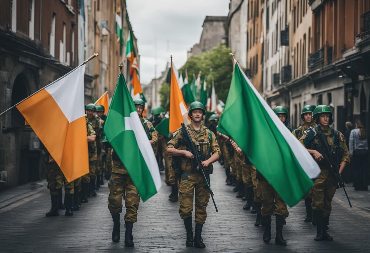 Irish peacekeepers stand amidst diverse cultures, sharing and learning. Flags from around the world line the streets, symbolizing unity and collaboration