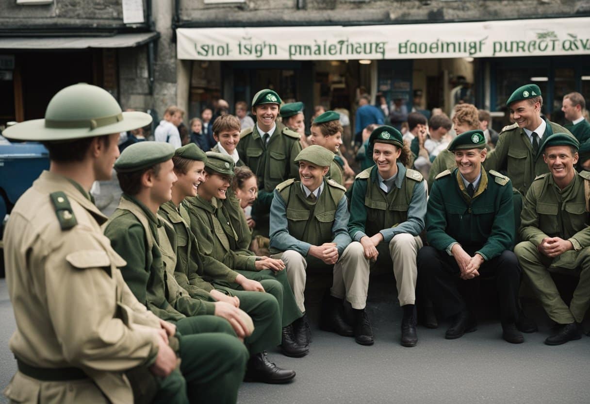 Irish peacekeepers engaging in cultural exchange with locals, sharing stories and traditions, promoting global understanding and unity