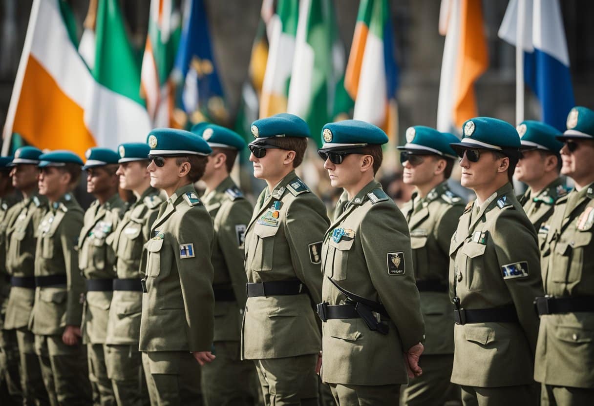 Irish peacekeepers stand in formation, surrounded by diverse cultural symbols and flags from around the world. They engage in dialogue and collaboration, representing Ireland's commitment to global peacekeeping efforts