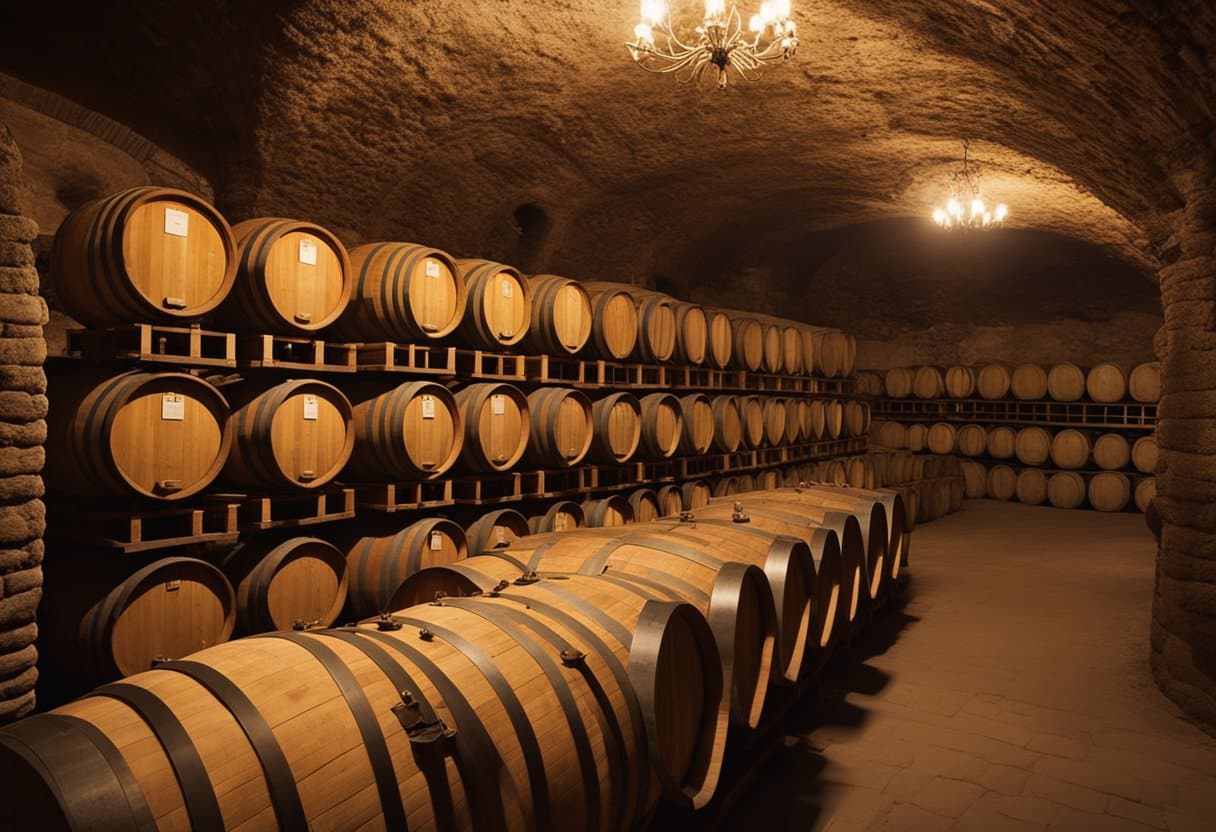 Vast underground wine cellars in Moldova, with rows of aging barrels and historic artifacts, showcasing the cultural significance of the region's winemaking tradition