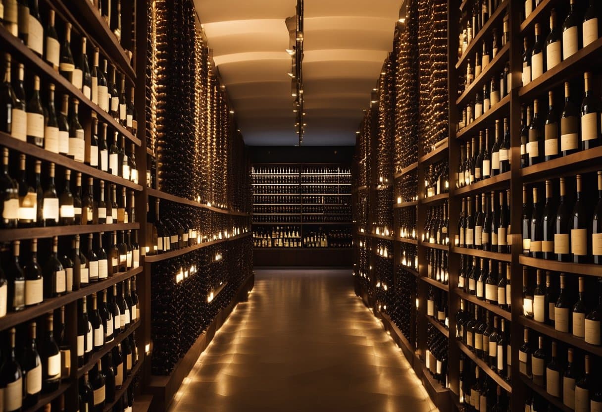A vast underground cellar filled with rows of wine bottles from floor to ceiling, illuminated by soft lighting, showcasing the impressive wine collections of Moldova