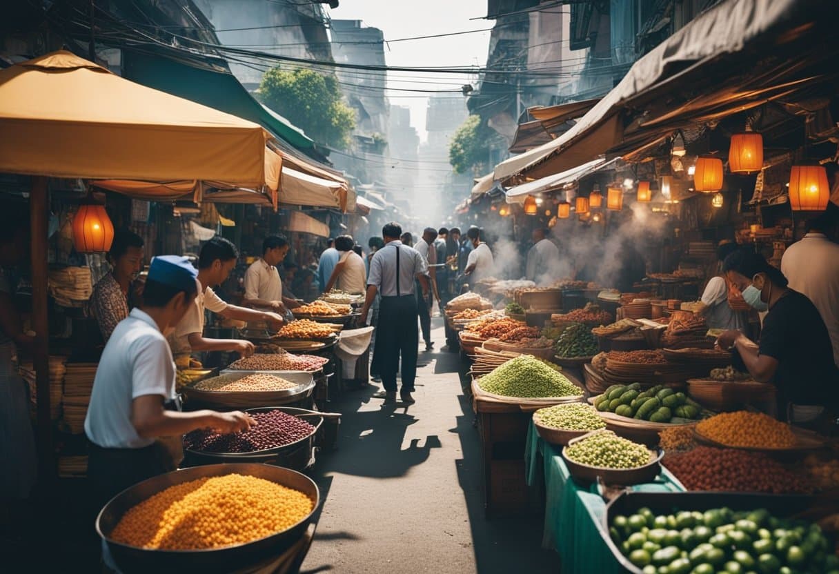 Street Food Scenes: Busy street markets with colorful food stalls, bustling crowds, and aromatic smoke rising from sizzling grills. Vibrant, bustling scenes in Bangkok, Mexico City, and Marrakech