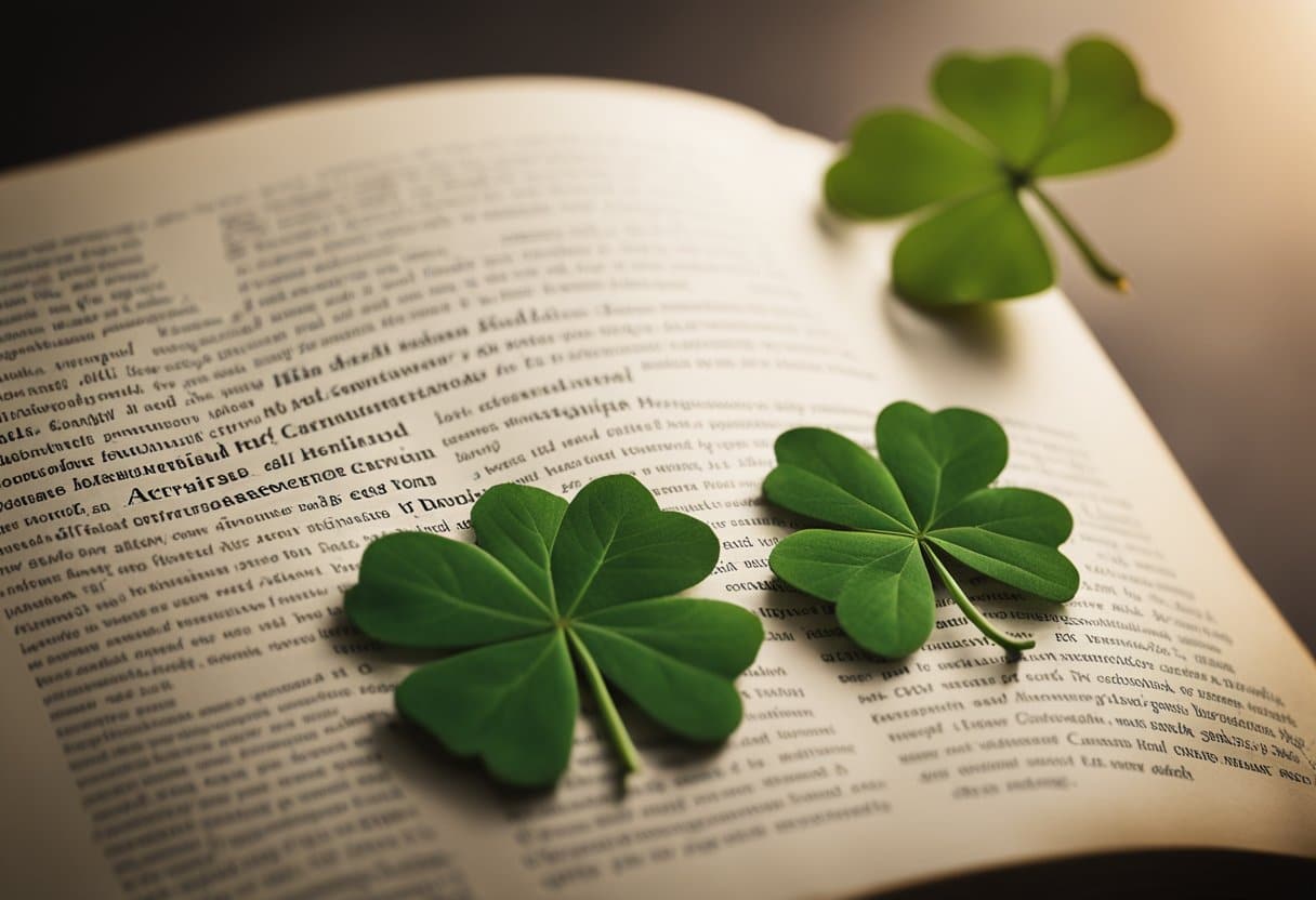 A shamrock and a maple leaf intertwined, symbolizing the cultural ties between Ireland and Canada. A book with the title "Archival Resources and Documentation" is open nearby