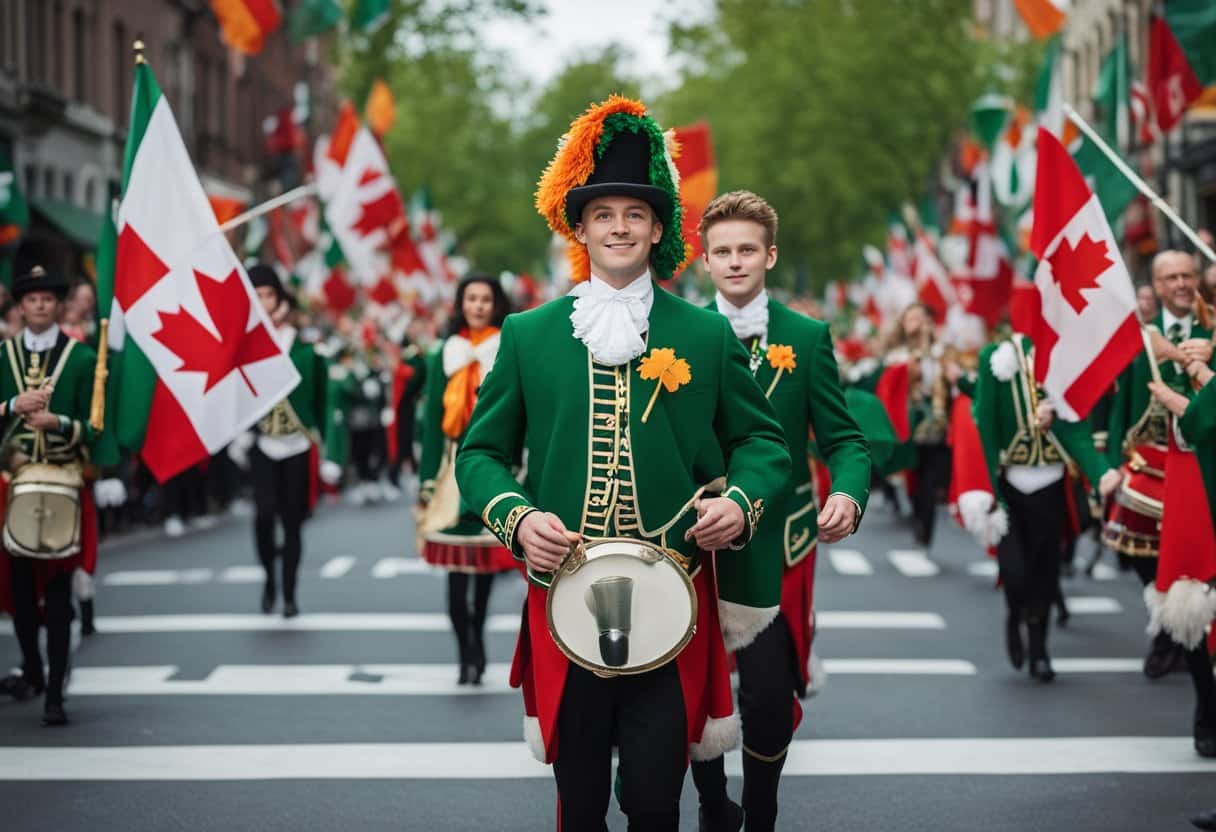 A lively parade with Irish and Canadian flags, dancers in traditional attire, and a mix of shamrocks and maple leaves adorning the streets