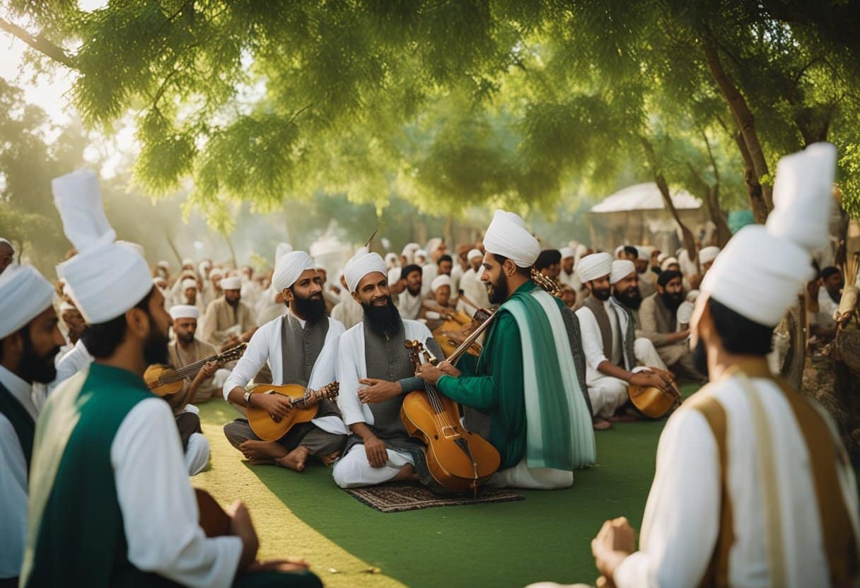 The Sufi Shrines of Pakistan: A group of Sufi shrines surrounded by lush greenery, with musicians playing traditional instruments and devotees engaged in ecstatic dance