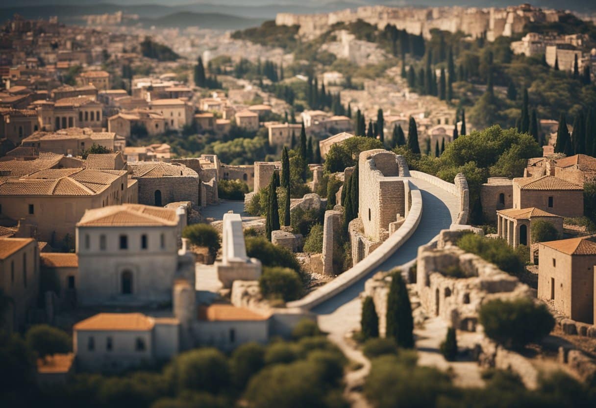 Tracing the Evolution of Western Philosophy: A path winding from ancient Greek ruins to modern European cityscape, symbolizing the journey of Western philosophy