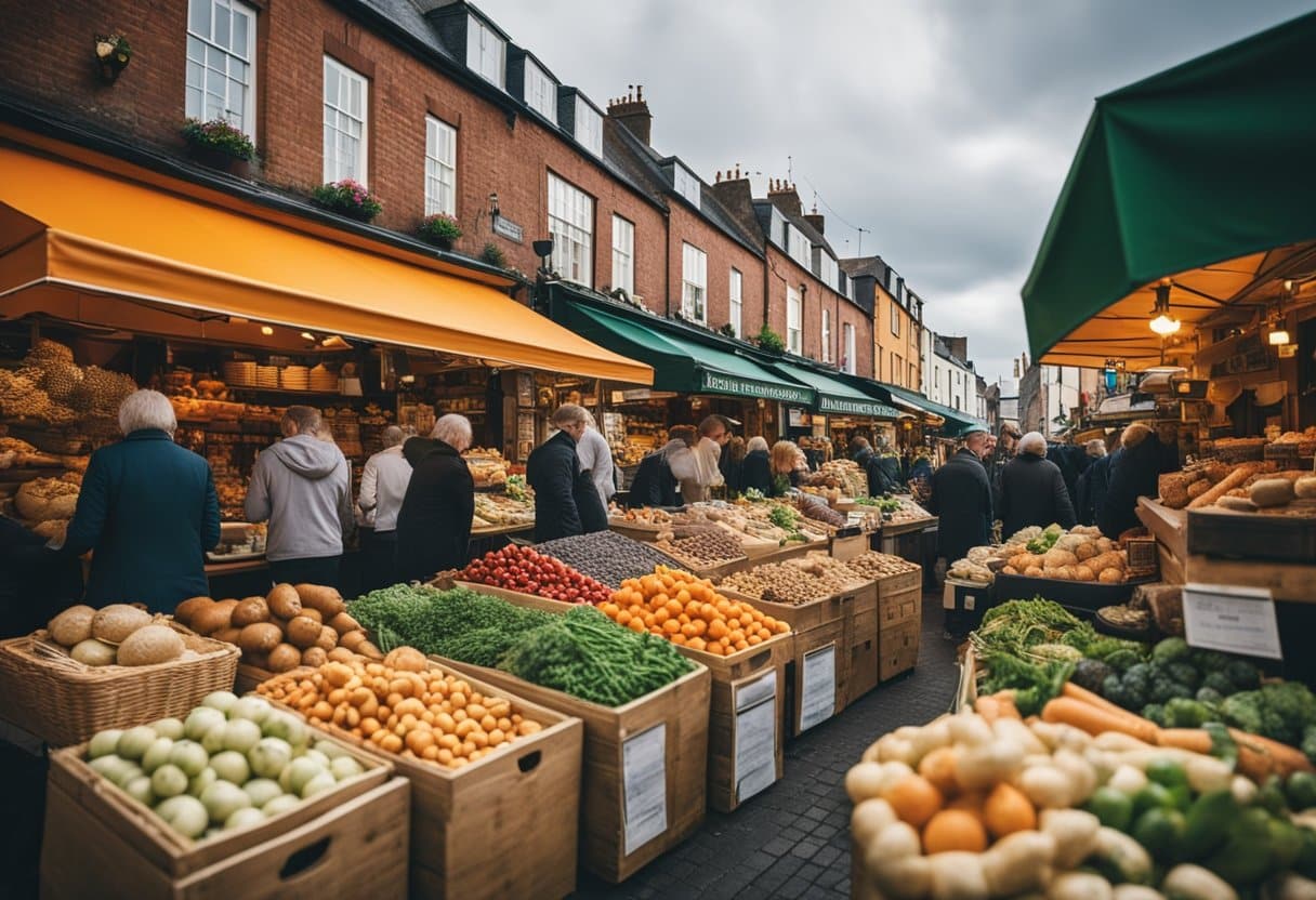 Irish Diaspora - A bustling marketplace with diverse cultural goods and symbols from Ireland and around the world, blending together in a vibrant display of cultural fusion