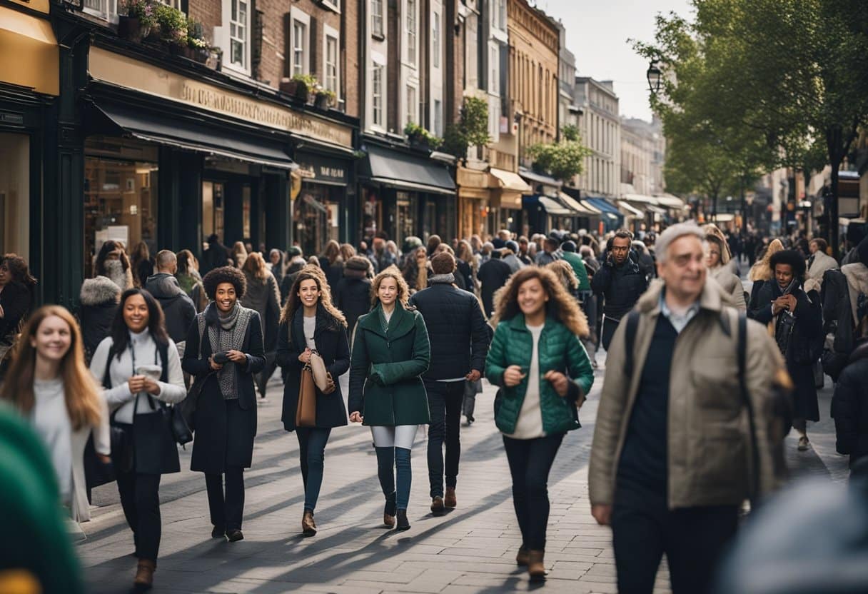Irish Diaspora - A bustling city street with diverse architecture and people from different cultures interacting, showcasing the global impact of Irish immigrants