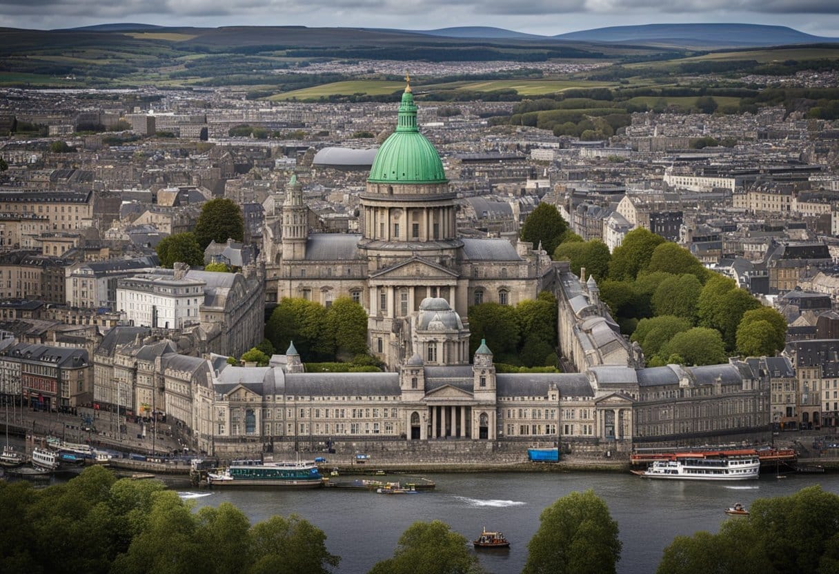 Irish Diaspora - A bustling cityscape with iconic Irish landmarks blending with diverse cultural symbols from around the world