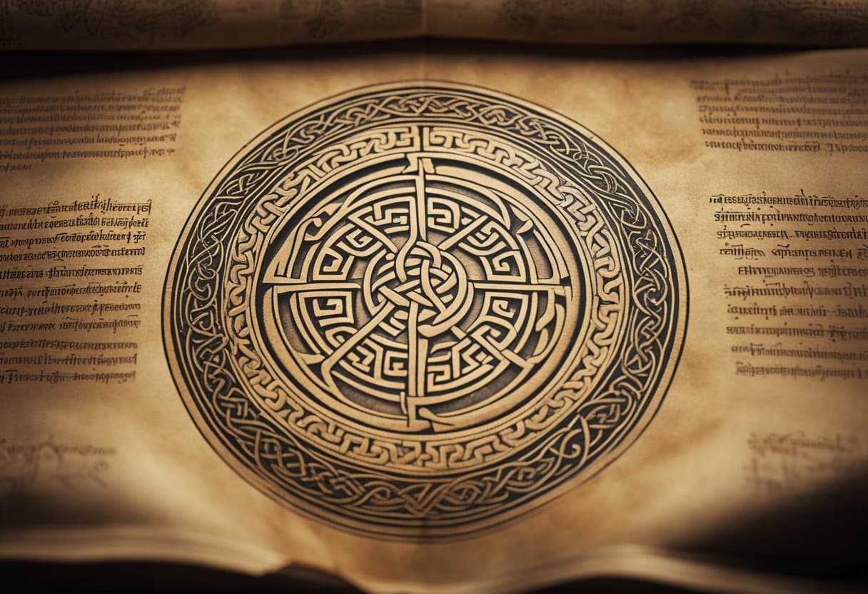 The symbolism behind Celtic knots - A parchment with intricate Celtic knots, symbolizing eternity and interconnectedness, adorns the pages of an early manuscript