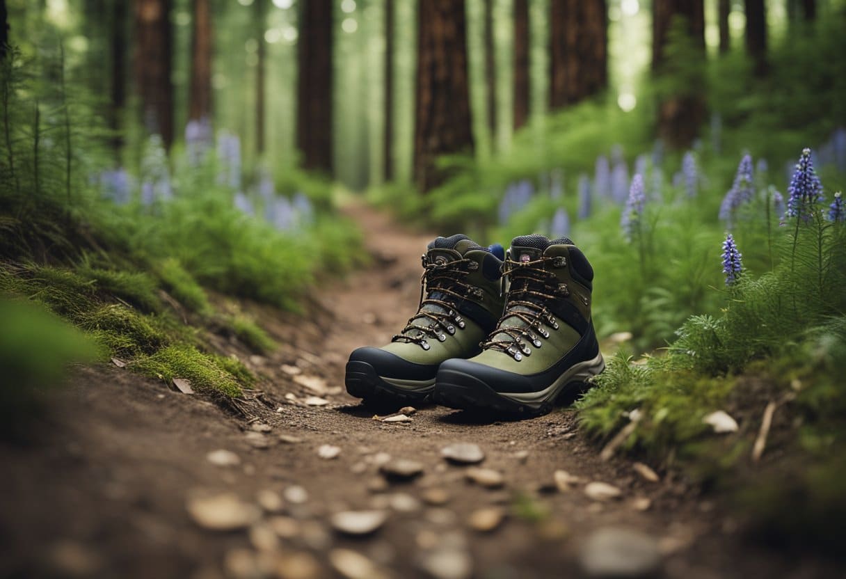Hiking boots tread lightly on a narrow dirt path, surrounded by towering pine trees and vibrant wildflowers. A sign reminds trekkers to stay on the trail and respect the natural environment