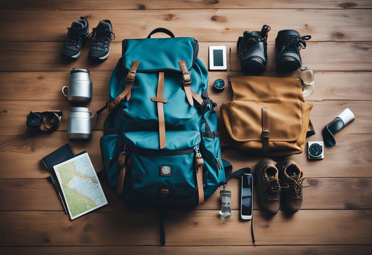 Backpack, hiking boots, map, water bottle, and trekking poles laid out on a wooden floor with a trail guide book and compass
