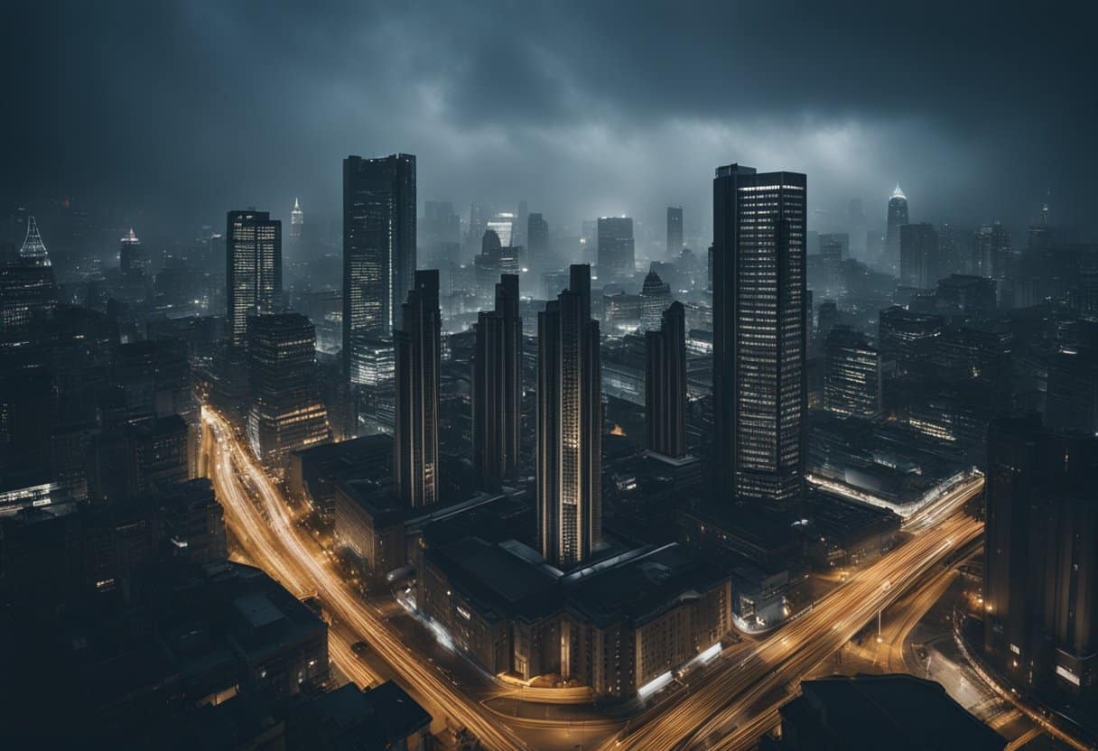 Nordic Noir: A dark, moody cityscape with looming, modern architecture. A sense of mystery and intrigue, with a touch of cold, wintry atmosphere