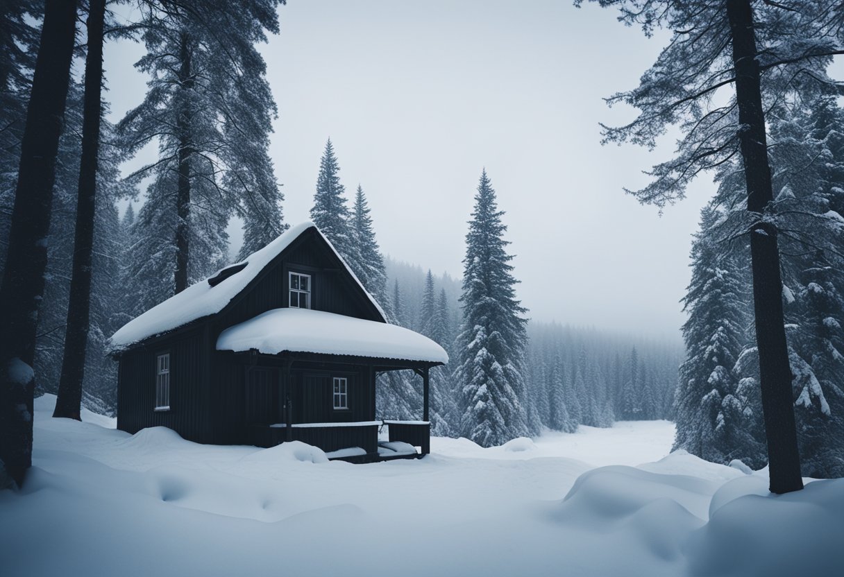 Nordic Noir: A dark, snow-covered forest with a solitary cabin, surrounded by eerie silence and a foreboding sense of mystery