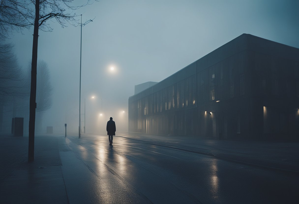 Nordic Noir: A dimly lit street in a Scandinavian city, shrouded in mist and shadows. A lone figure walks through the eerie atmosphere, passing by stark, modernist architecture and abandoned industrial buildings