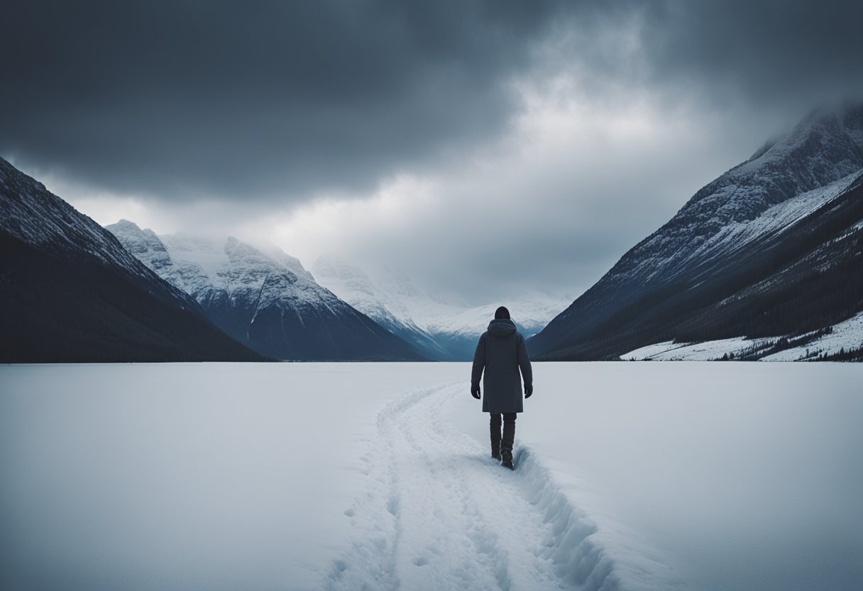 Nordic Noir: A dark, moody landscape with icy fjords, dense forests, and isolated villages under a brooding sky. A lone figure trudges through the snow, creating an eerie atmosphere
