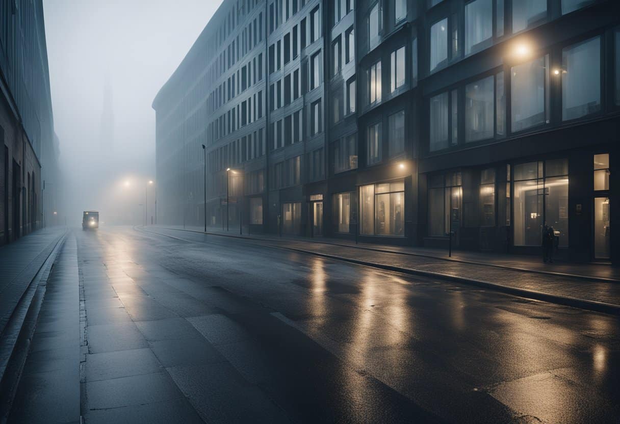 Nordic Noir: A dimly lit street in a Scandinavian city, with sleek modern architecture contrasted against gritty urban decay. The scene is shrouded in mist, creating an atmosphere of mystery and foreboding