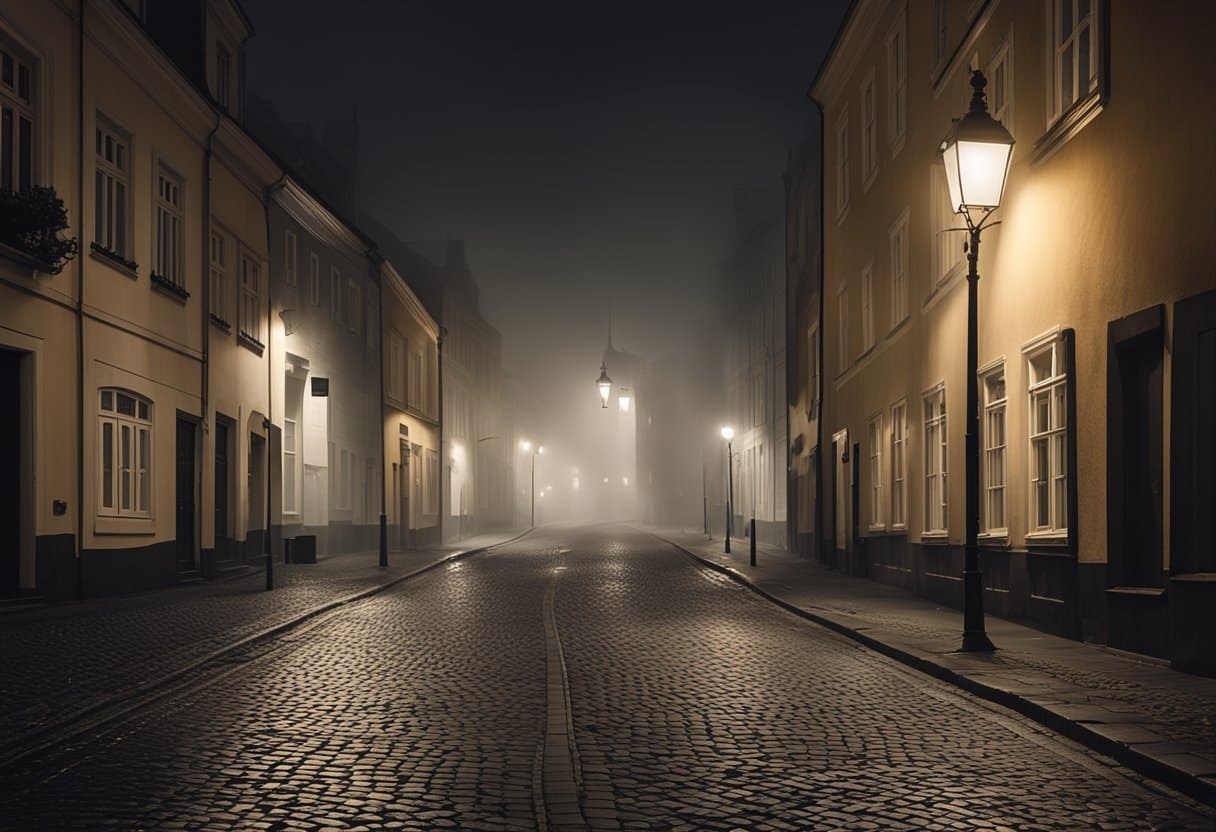 Nordic Noir: A dimly lit street in a Scandinavian city, shrouded in mist and shadows. The glow of streetlights illuminates the cobblestone pavement, creating an eerie and atmospheric setting for a crime scene