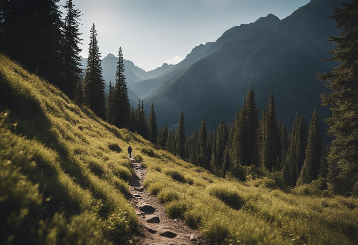 A lone figure navigates rugged terrain, surrounded by towering trees and distant mountain peaks. The trail stretches endlessly, symbolizing solitude and resilience