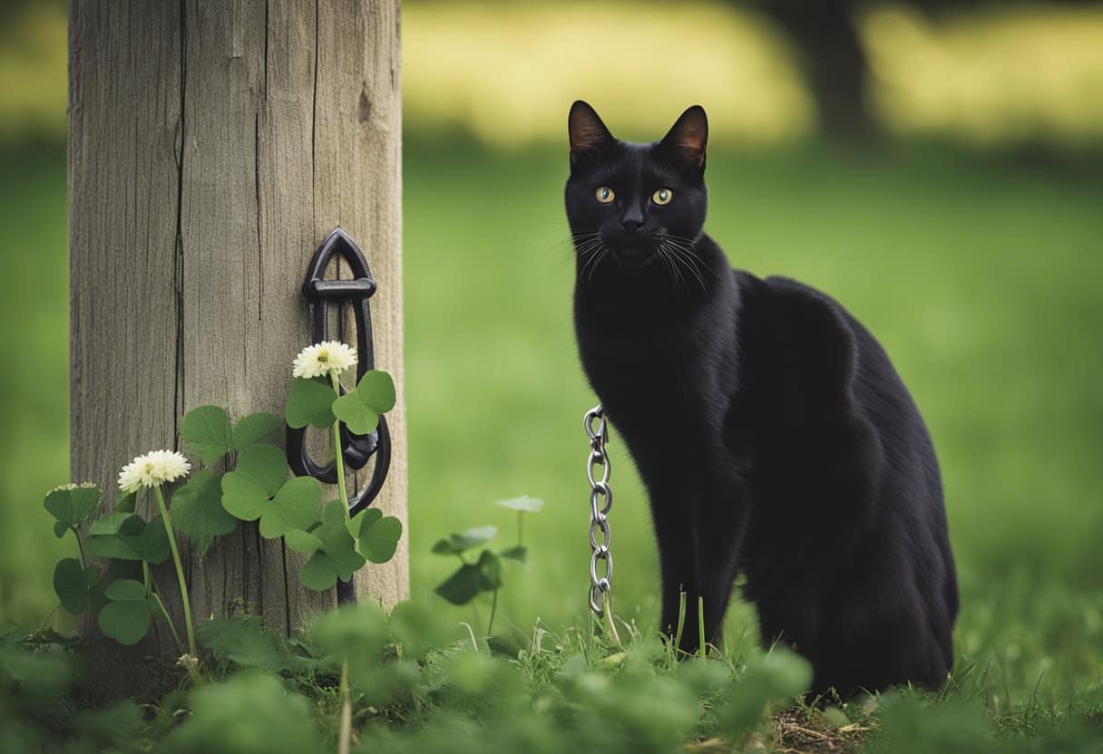 Superstitions in Irish Culture - At a rural Irish crossroads, a horseshoe hangs on a wooden post. A black cat slinks by, and a four-leaf clover peeks through the grass