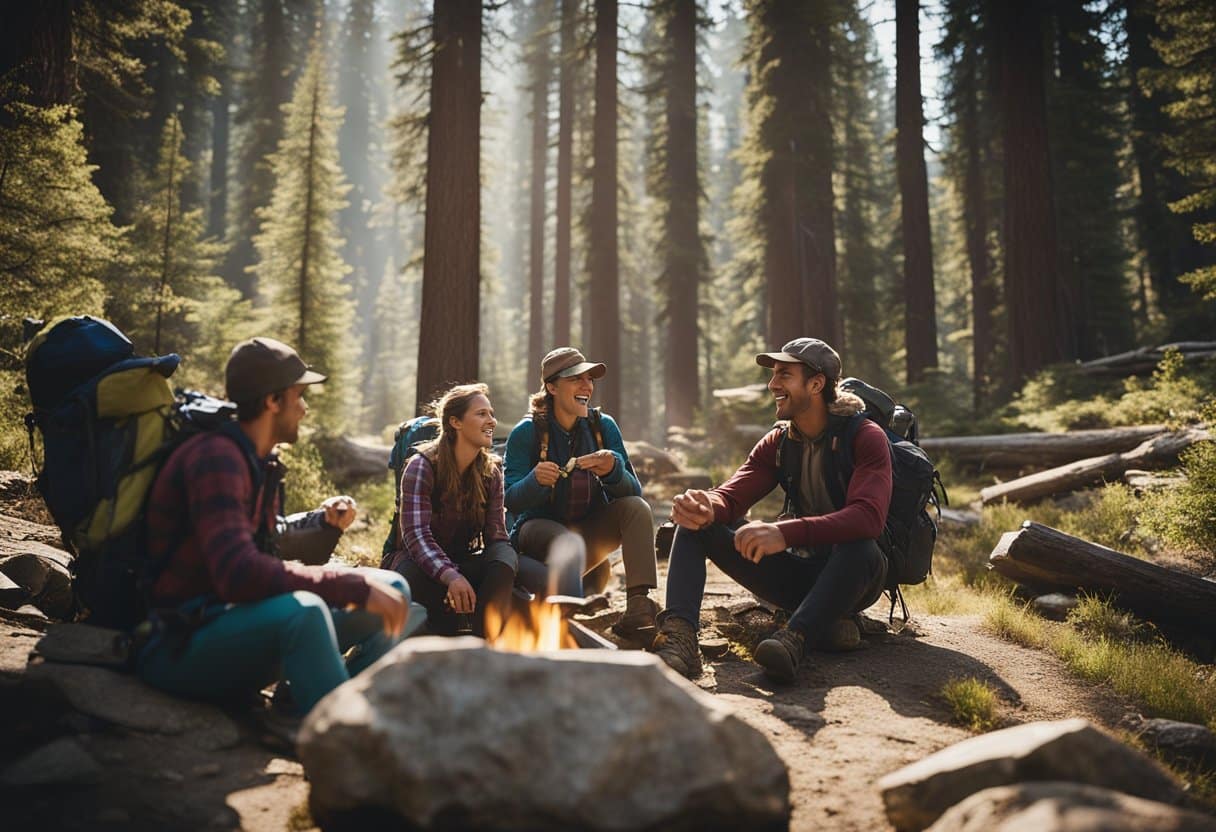 A group of hikers gather around a campfire, sharing stories and laughter. Backpacks and hiking poles are scattered around, while a map of the Pacific Crest Trail is spread out on a nearby rock