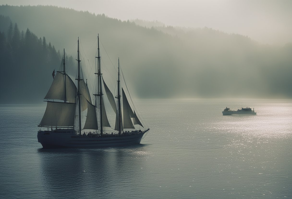 A cryptozoology cruise sails through misty waters, searching for sea monsters and lake beasts, surrounded by folklore and mystery