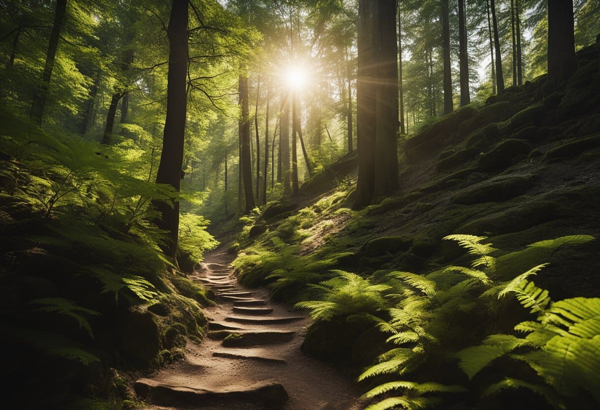 Hiking through rugged terrain, a winding trail cuts through lush forests and rocky slopes. The sun peeks through the canopy, casting dappled light on the earth below