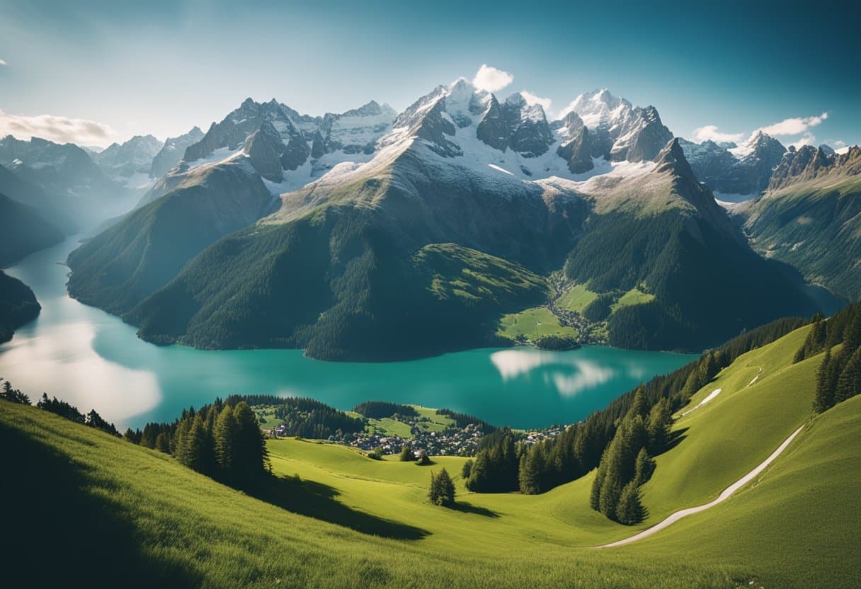 Snow-capped peaks rise majestically, surrounded by lush green valleys and crystal-clear lakes. A peaceful, serene atmosphere emanates from the towering mountains, symbolizing Switzerland's commitment to neutrality