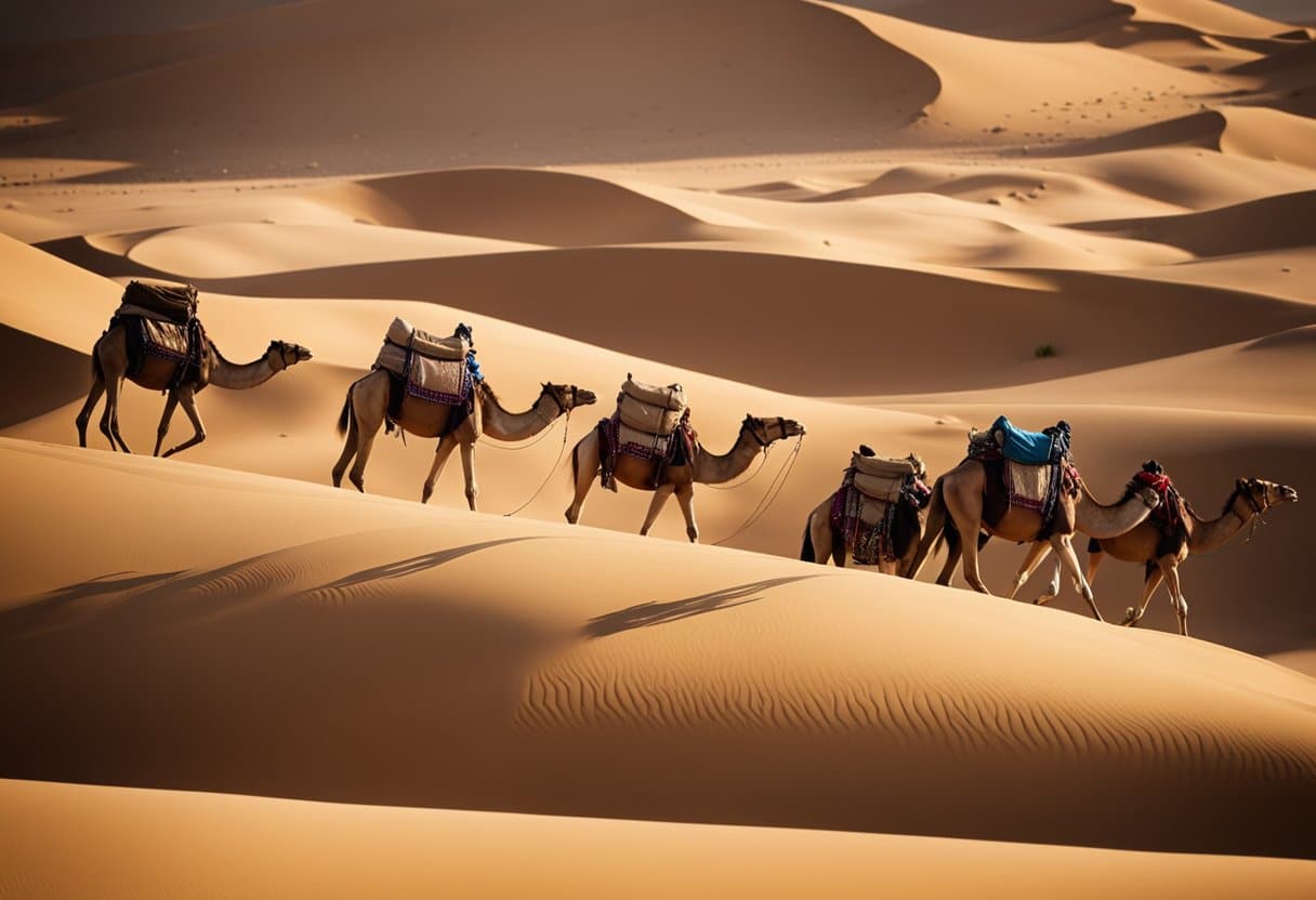 Camels trek across vast desert dunes, laden with sacks of gold and salt. Caravans wind through the sandy terrain, guided by the North Star