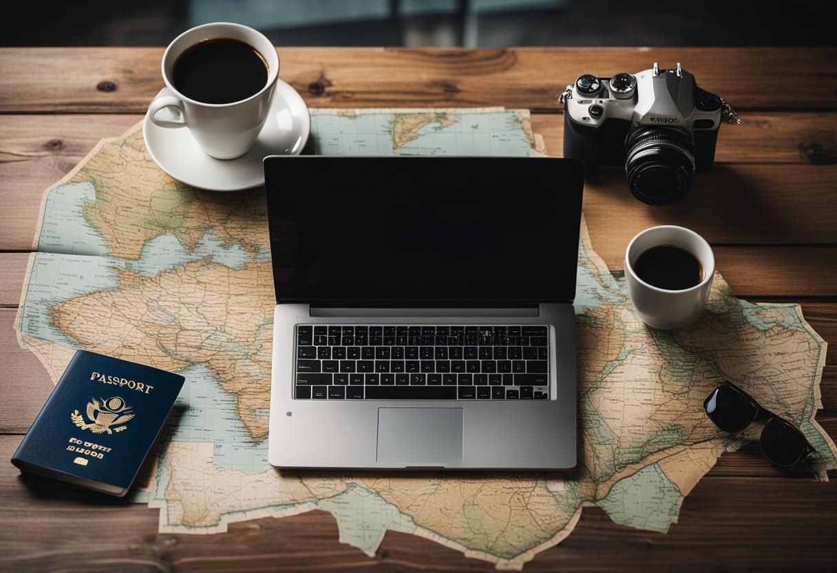 Digital nomadism - A laptop and a passport on a wooden table, surrounded by a map, camera, and a cup of coffee